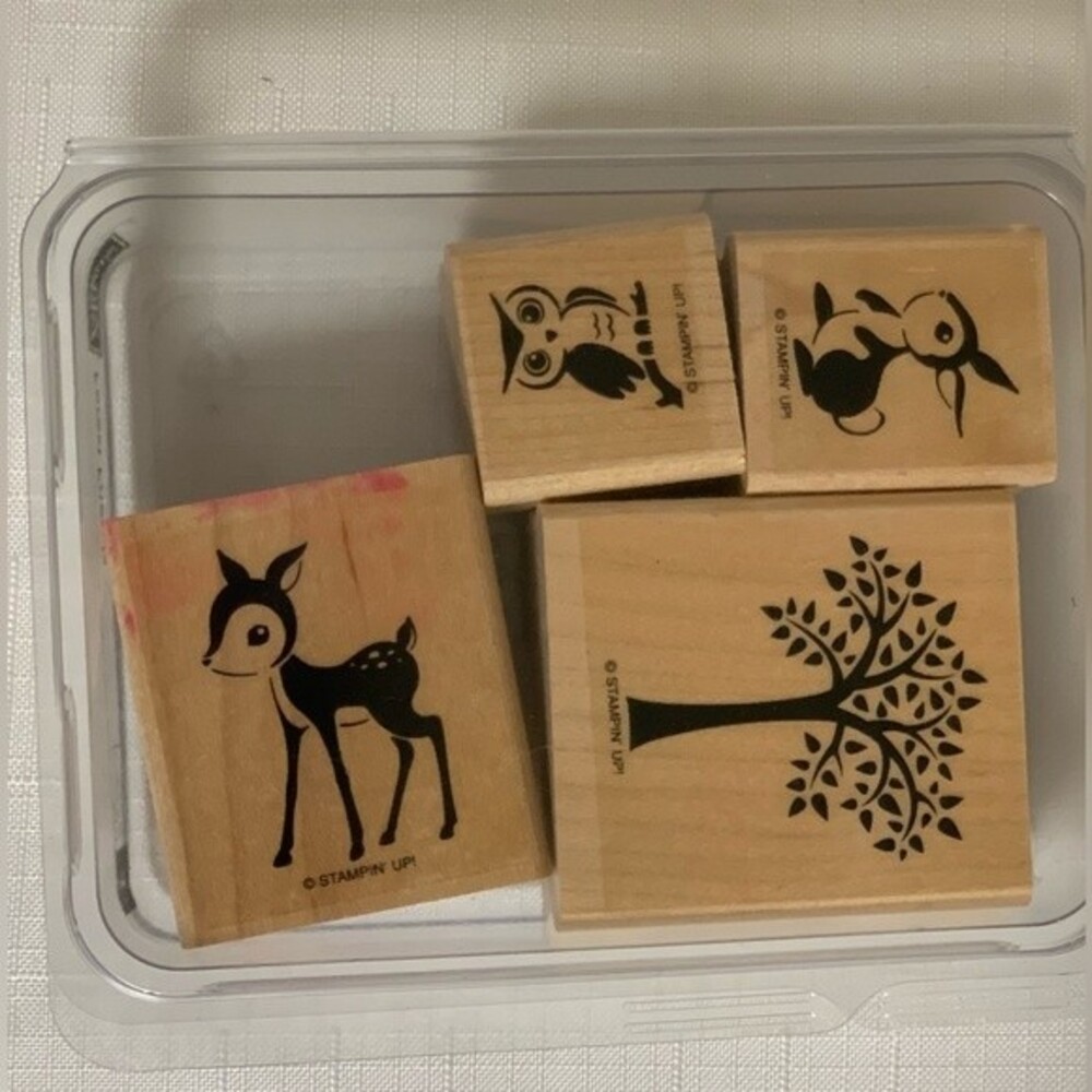 STAMPIN' UP! Forest Friends Stamp Set 4 Wood Mounted Deer Rabbit Owl Tree Nature